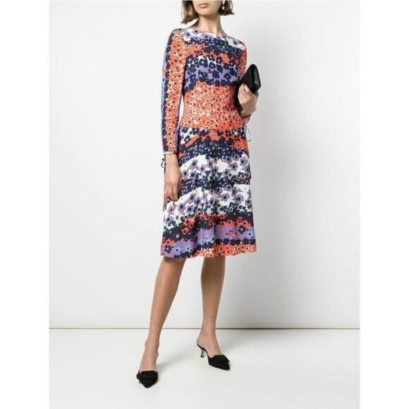 Lela Rose Multi Colored Floral Scalloped Long Sleeve Midi Dress Size 6 - Picture 1 of 14